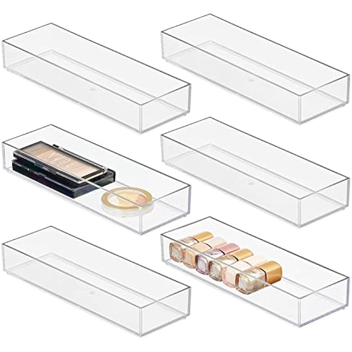 mDesign Slim Plastic Drawer Organizer, Storage Container for Cosmetics, Makeup, and Accessories on Bathroom Vanity, Countertop, or Cabinet - Lumiere Collection - 6 Pack - Clear/Chrome - Image 1